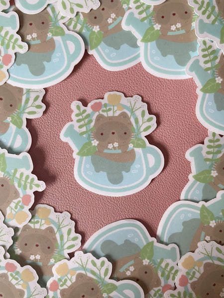 raccoon in watering can clear sticker - Hey Soosie